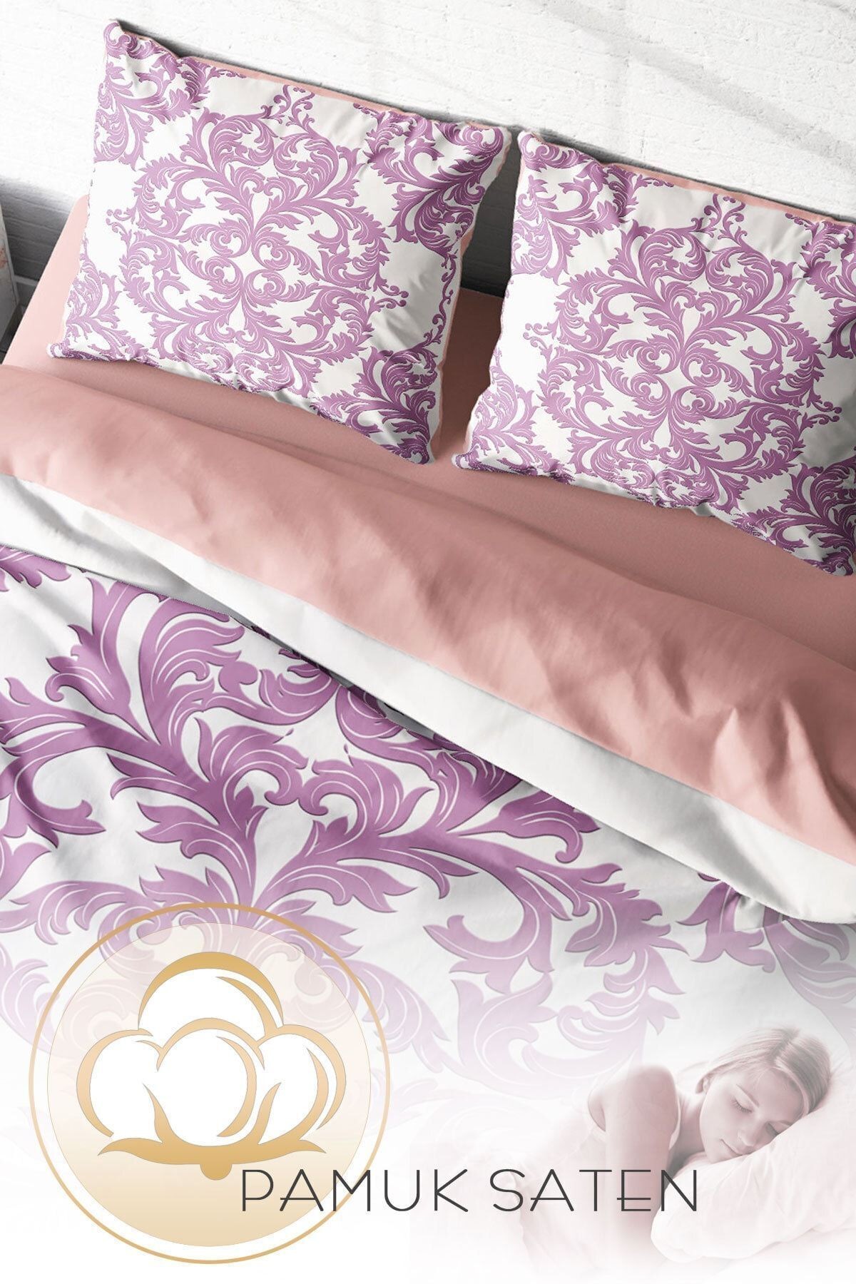 Pink Damask 3d Pamuk Saten Çift Kişilik Nevresim Takımı