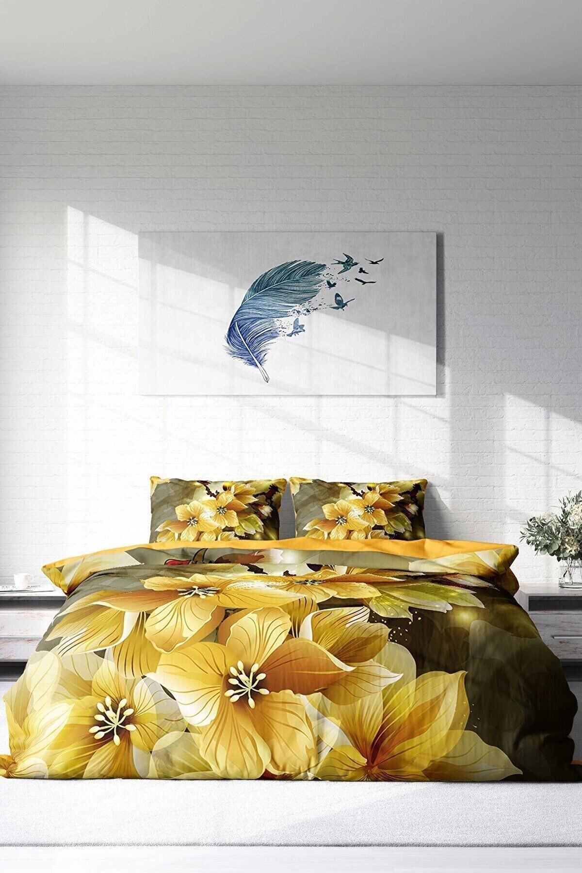 Lastikli Çarşaflı %100 Pamuk Saten Çift Kişilik Nevresim Takımı Yellow Flowers