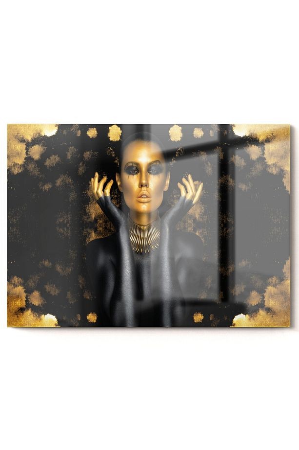 Gold Detaylı Siyahi Kadın | Etnik Temalı Cam Tablo | 50x70 Cm