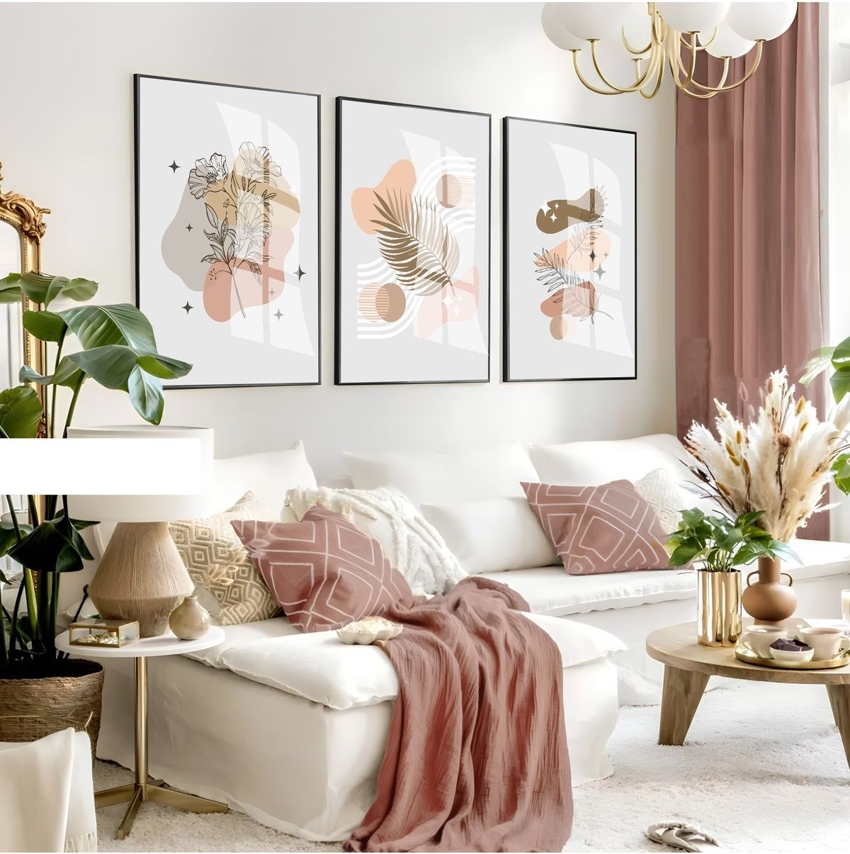 |gri-Kahve Minimalist Çiçek Seti |çerçeveli Cam Tablo 3lü Dikey