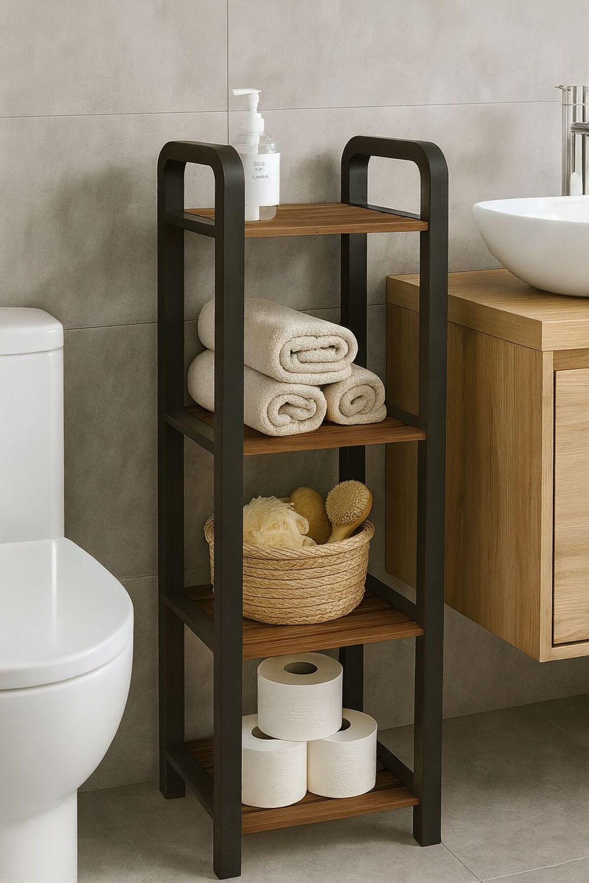 Mega Ahşap 4 Bölmeli Banyo Düzenleyici Masif Ahşap Banyo Raf Ünitesi