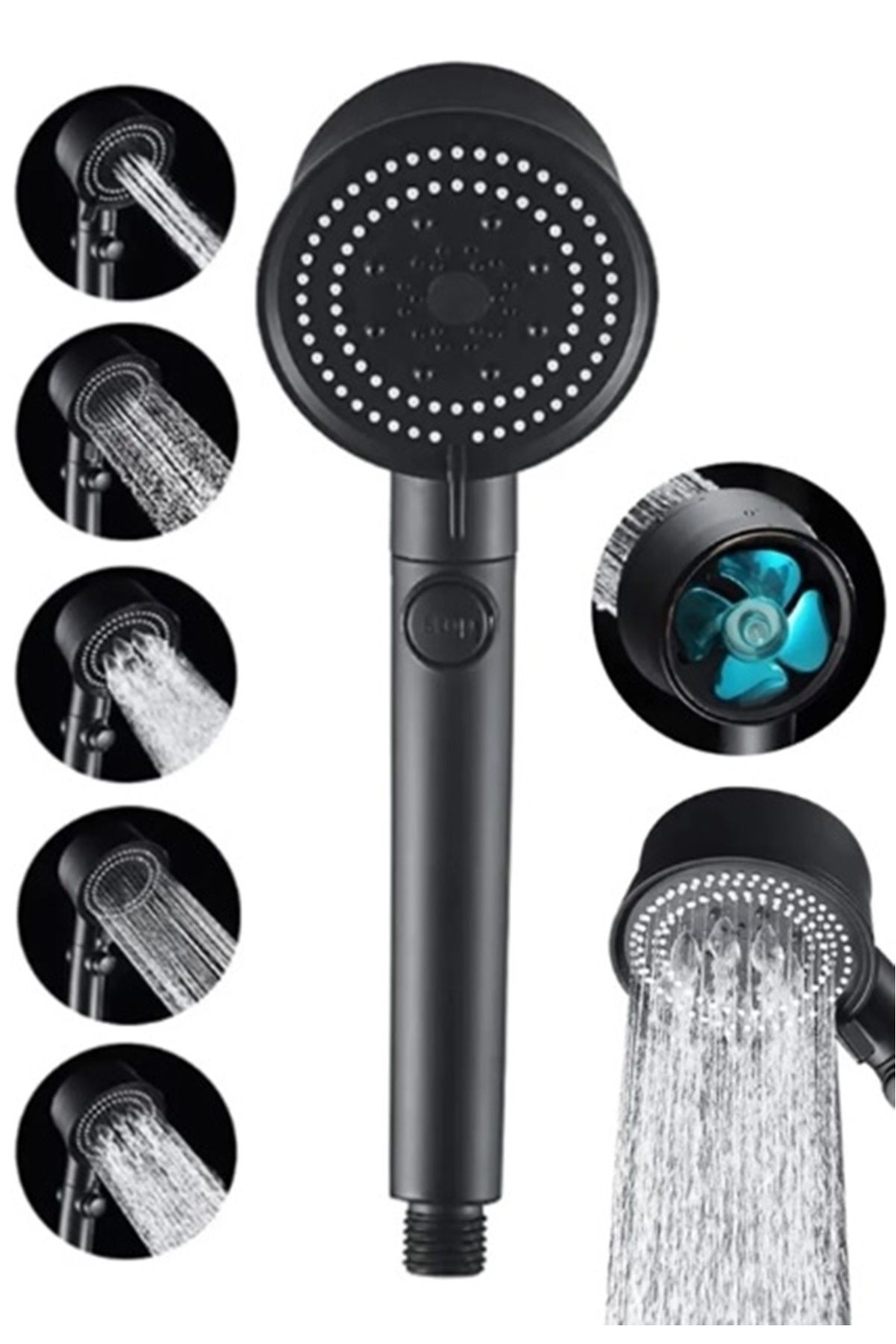 Turbo Pervaneli 5 Fonksiyonlu Duş Başlığı Ve Siyah Duş Hortumu 150 Cm Set