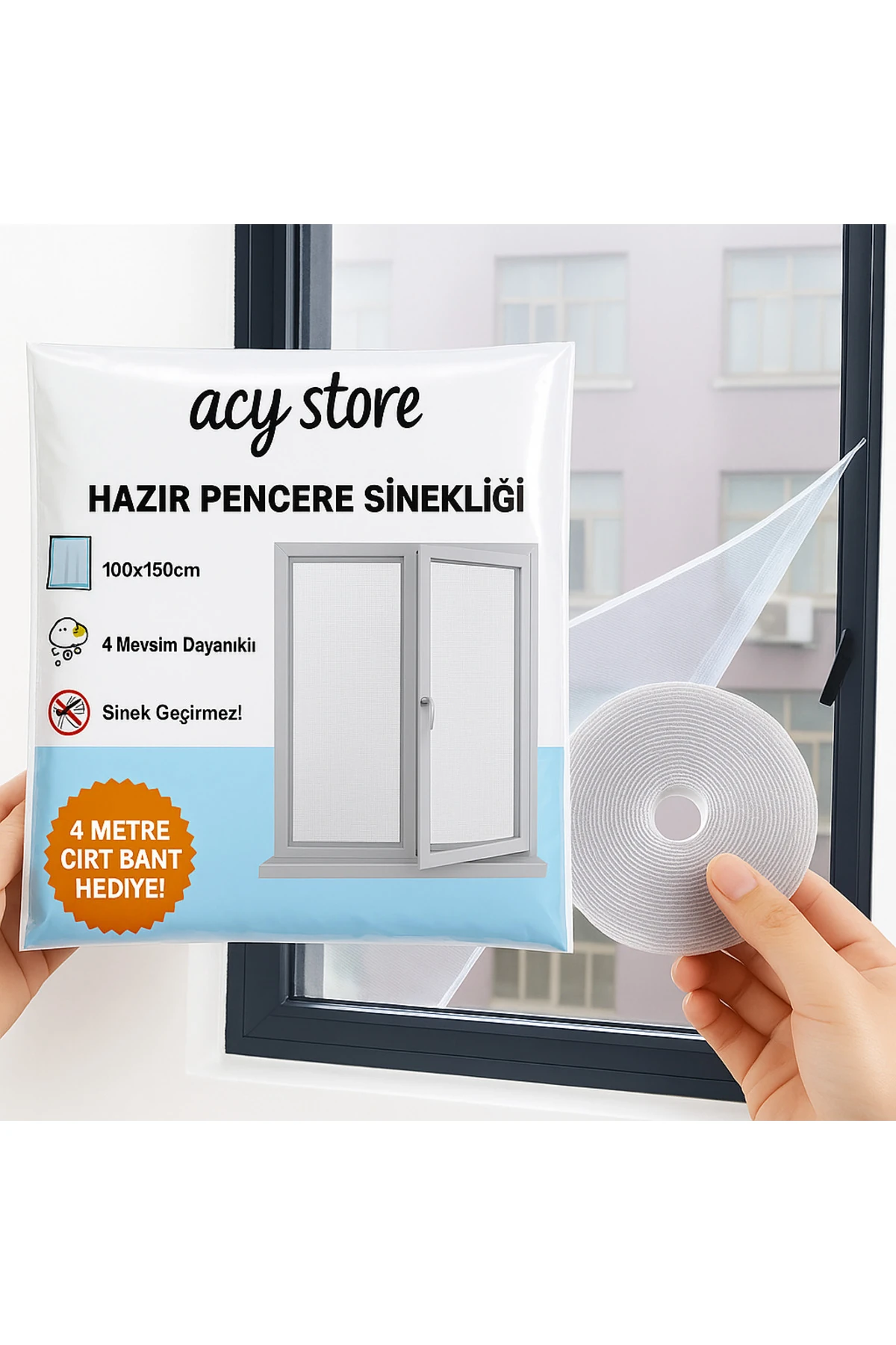 100*150 Cm Hazır Pencere Sinekliği 4 Mt Bant Hediye Tak Çıkar Tül Kesilebilir Cırt Bantlı