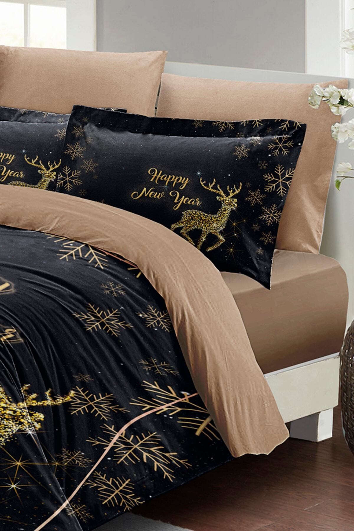 Kıng Sıze Yılbaşı Süsü Geyik Noel %100 Pamuk Saten 3d Çift Kişilik Nevresim Takımı 220x240cm