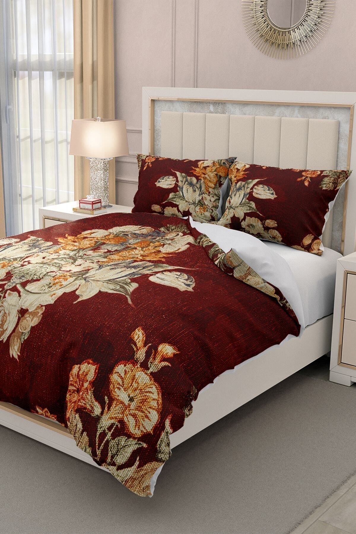 Lastikli Çarşaflı %100 Pamuk Saten Çift Kişilik Nevresim Takımı Glazed Bouquet