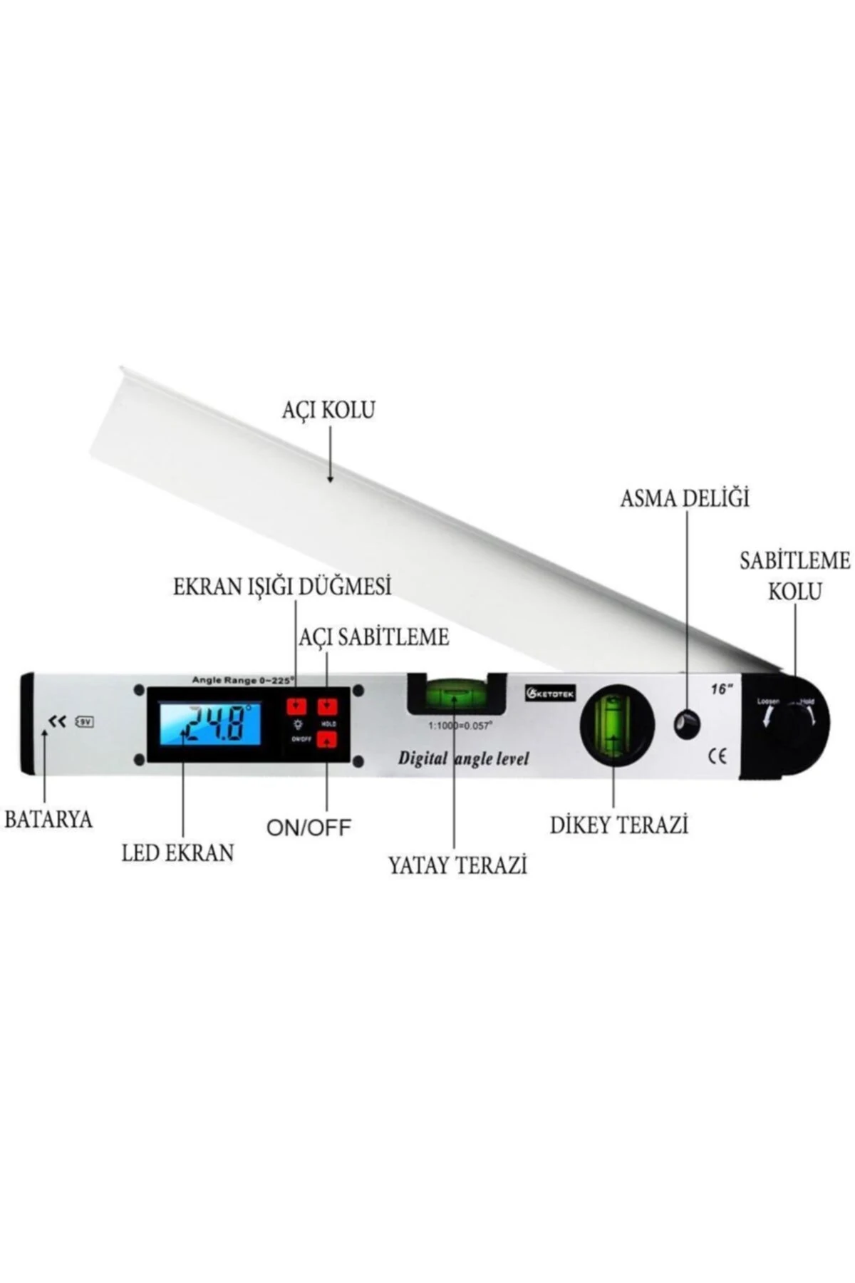 12471 Dijital Açı Ölçerli Su Terazisi 2 Sulu Marangoz Gönye 16"/40 Cm