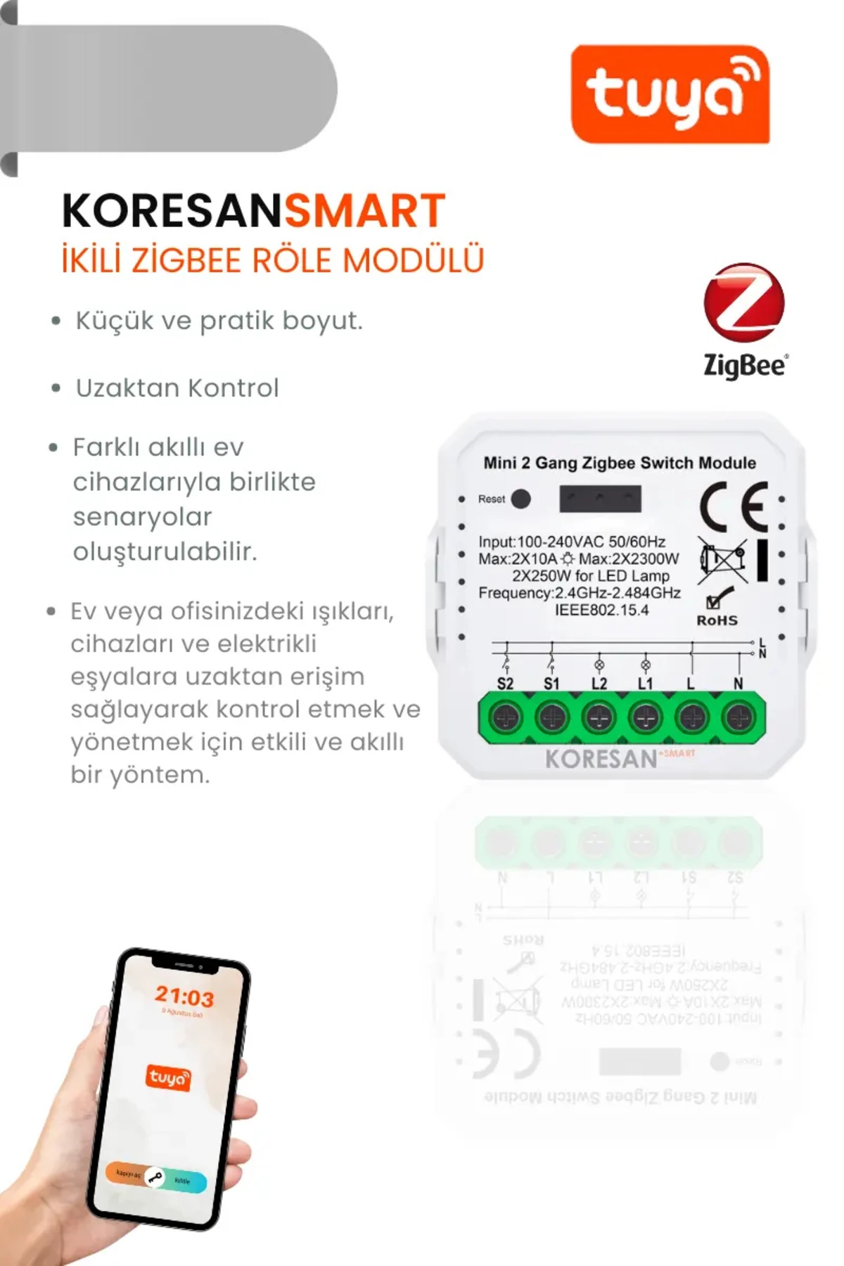 Mini İkili Zigbee Tuya Röle Anahtar Modülü + RF Alıcılı