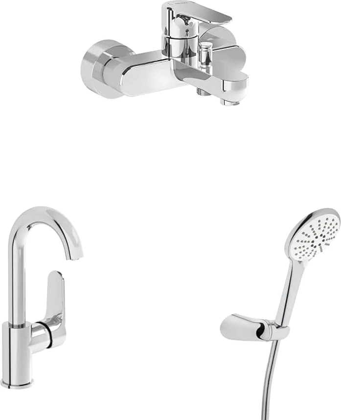 Root Round Döner Borulu Lavabo Bataryası + Banyo Bataryası + Snow El Duşu Takımı Seti