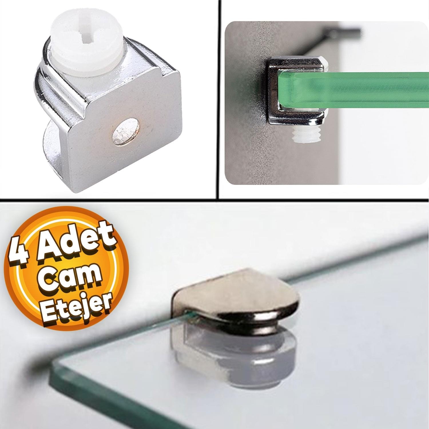 Raf Ahşap Cam Tutucu Cam Etejer Düz Metal Krom Plastik Vidalı