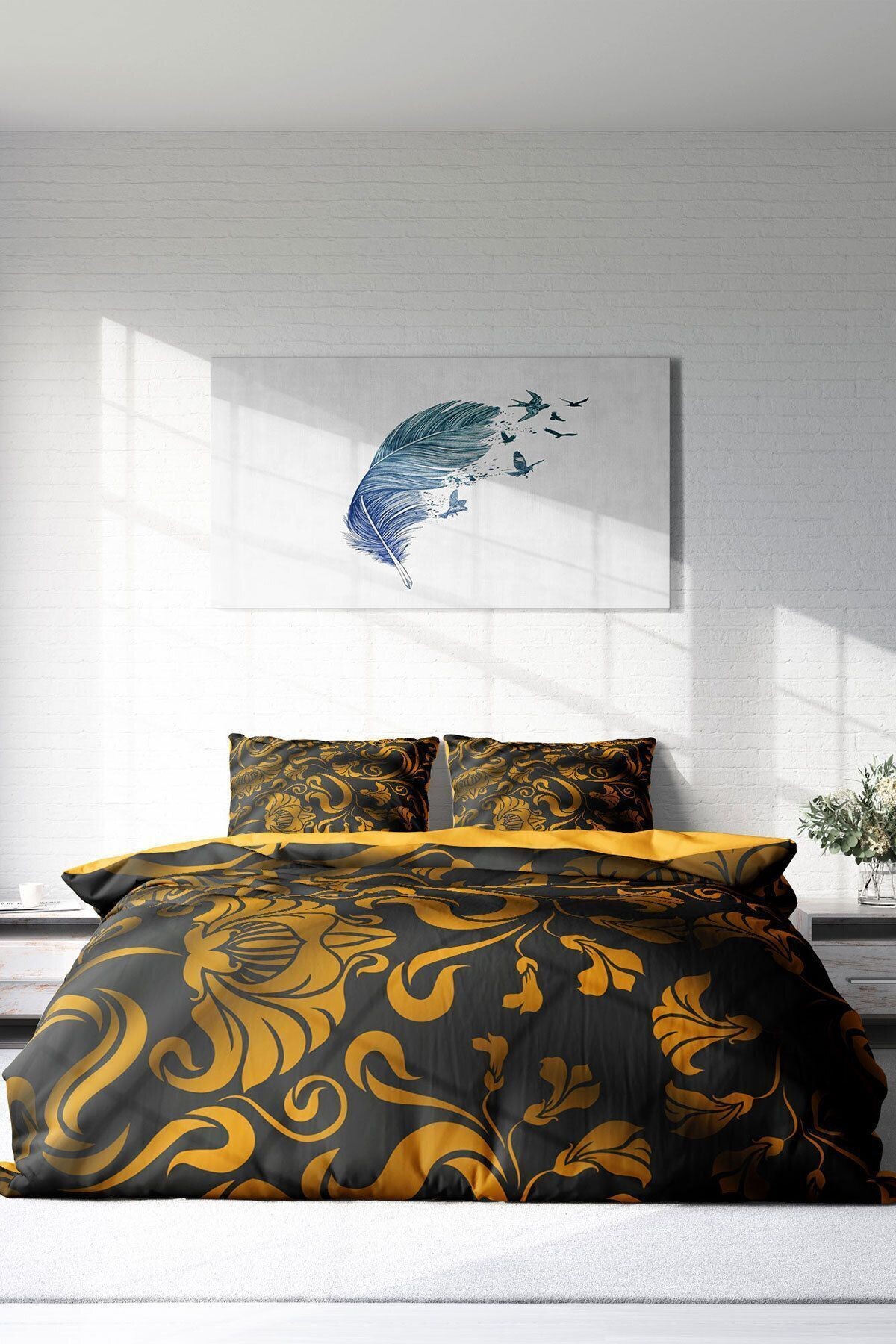 Lastikli Çarşaflı %100 Pamuk Saten Çift Kişilik Nevresim Takımı Gold Leaves
