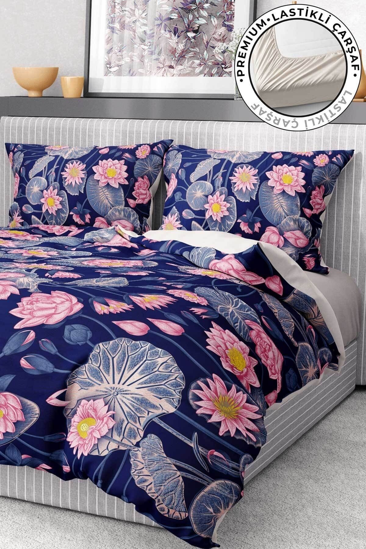 Nevresim Takımı %100 Pamuk Saten Lastikli Çarşaf Deluxe Koleksiyon Çift Kişilik 3d Purple