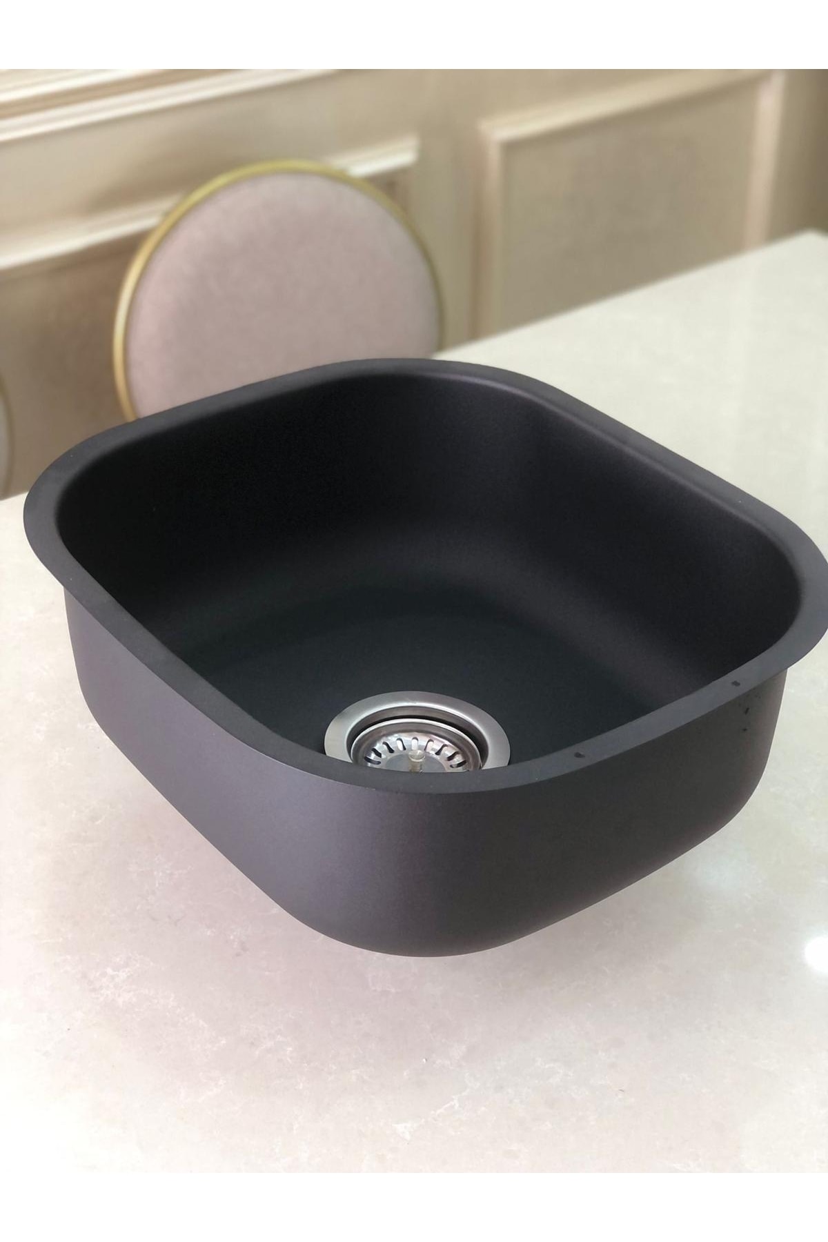 Siyah Grenli Granit Desen Kaplamalı Kare Alttan 35 X 40 Paslanmaz Evye