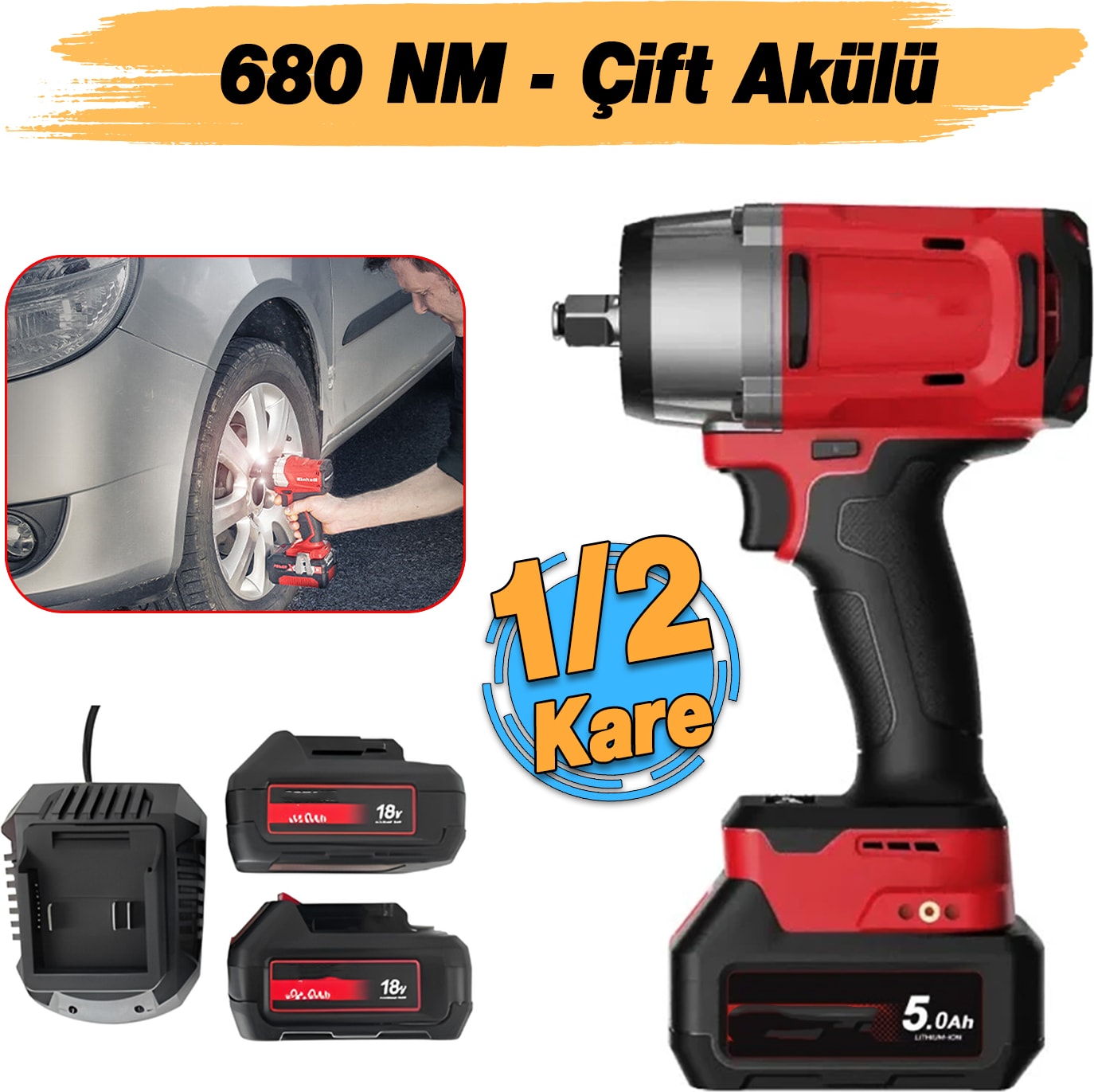 Şarjlı Çift Akülü Darbeli Somun Sıkma 1/2 Sökme Tabanca 680 Nm Tork Teker Bijon Söküm 18 Volt