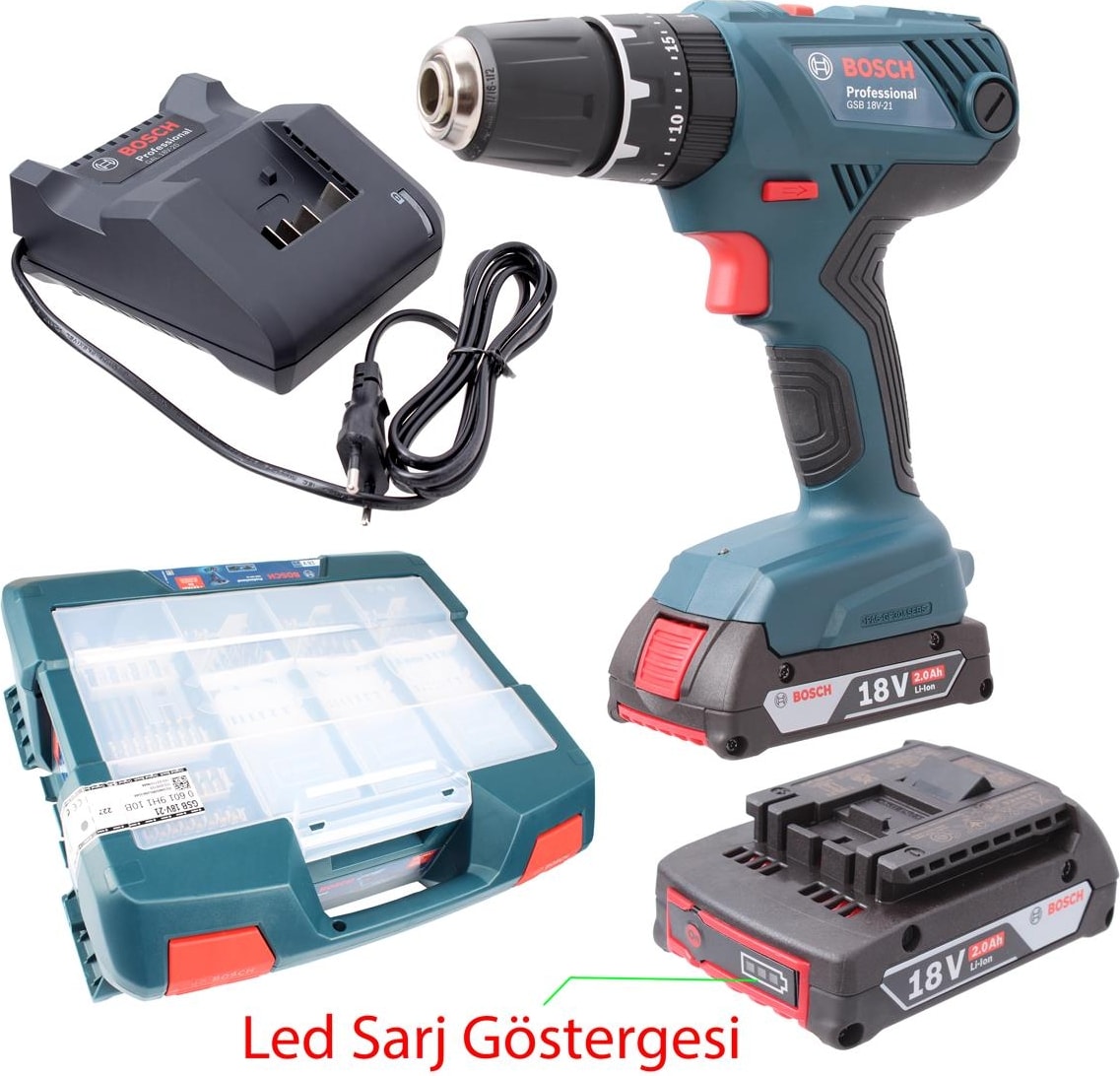 BOSCH Gsb 18V-21 Akülü Darbeli Vidalama 2AH ve 63 Parça Aksesuar Seti