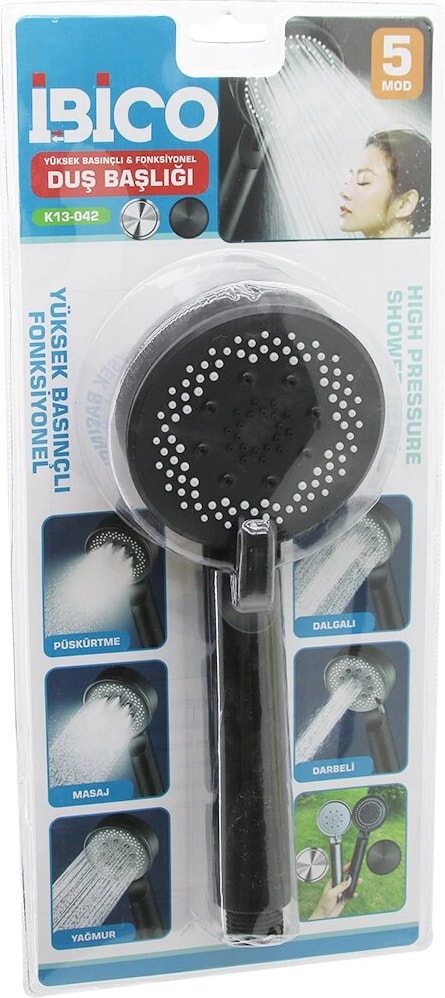 5 Mod Yuvarlak=8.7cm Duş Başlık Kademeli Vakumlu Siyah Gövde - Siyah Zemin - Beyaz-Syh Iğne SAP:14CM (5047)