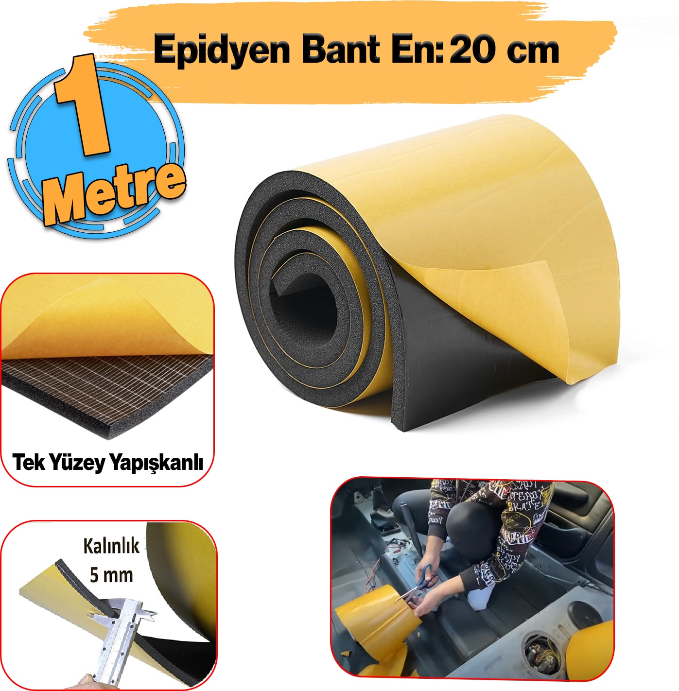 Yapışkanlı (5 MM EN:20 CM X 1 MT) Oto Araç Motor Ses Isı Yalıtım Izolasyon Bandı Kauçuk Sünger
