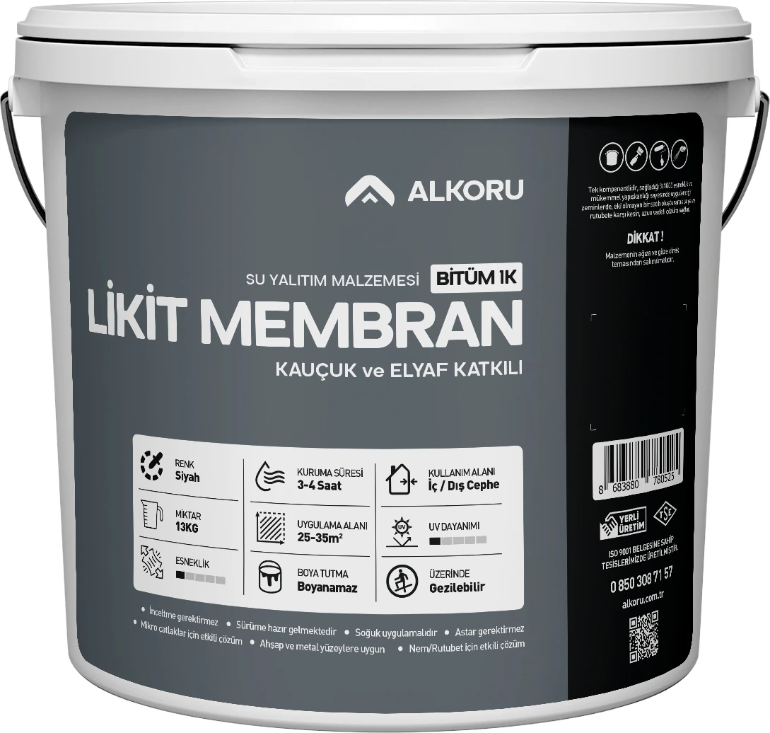 13 kg Bitüm 1k Likit Membran Kauçuk ve Elyaf Katkılı Sıvı Su Yalıtım Malzemesi