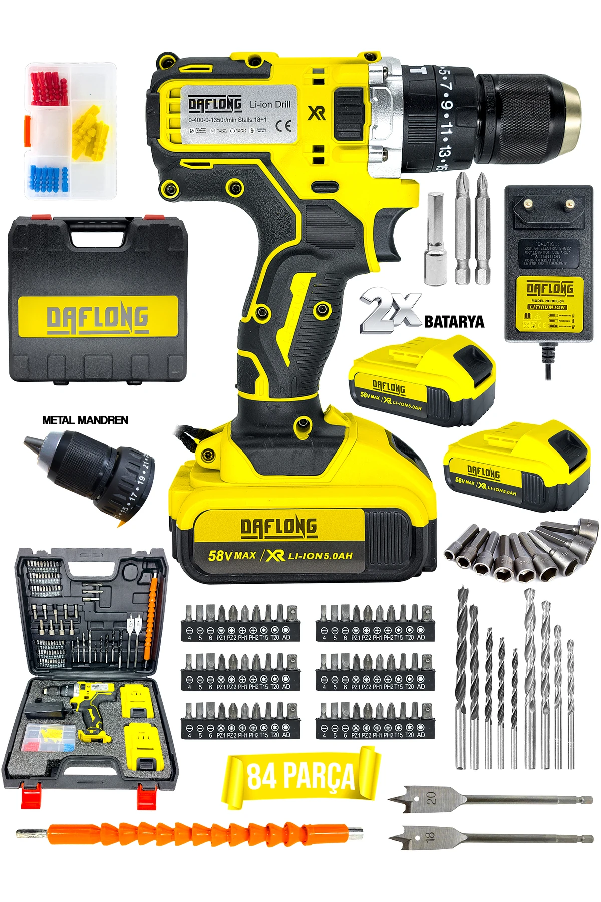 DARBELİ Matkap 21 V 2ah Li-İON Çift Metal Şanzuman Çift Akülü Şarjlı Matkap 84 Parça Set