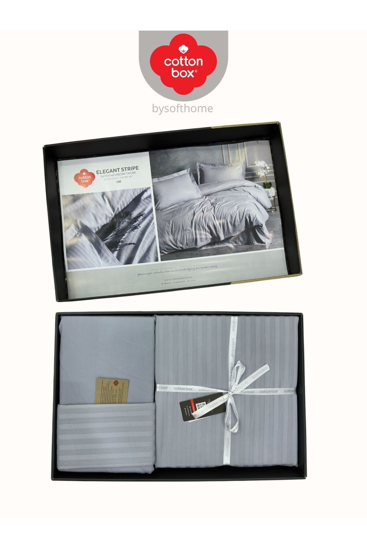 Elegant Stripe Gri Çift Kişilik Pamuk Saten Nevresim Takımı