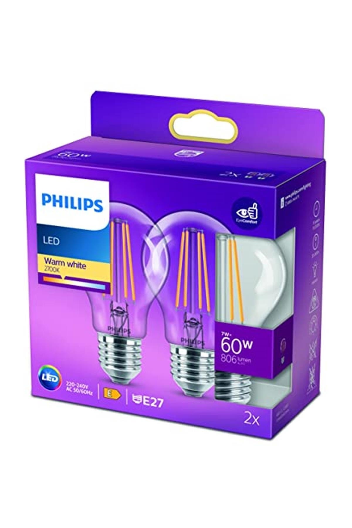 Led Classic 60w A60 Filament Ampul, 2700 Sarı Işık, E27 Normal Duy, Dim Edilmez 2'li Ekopak