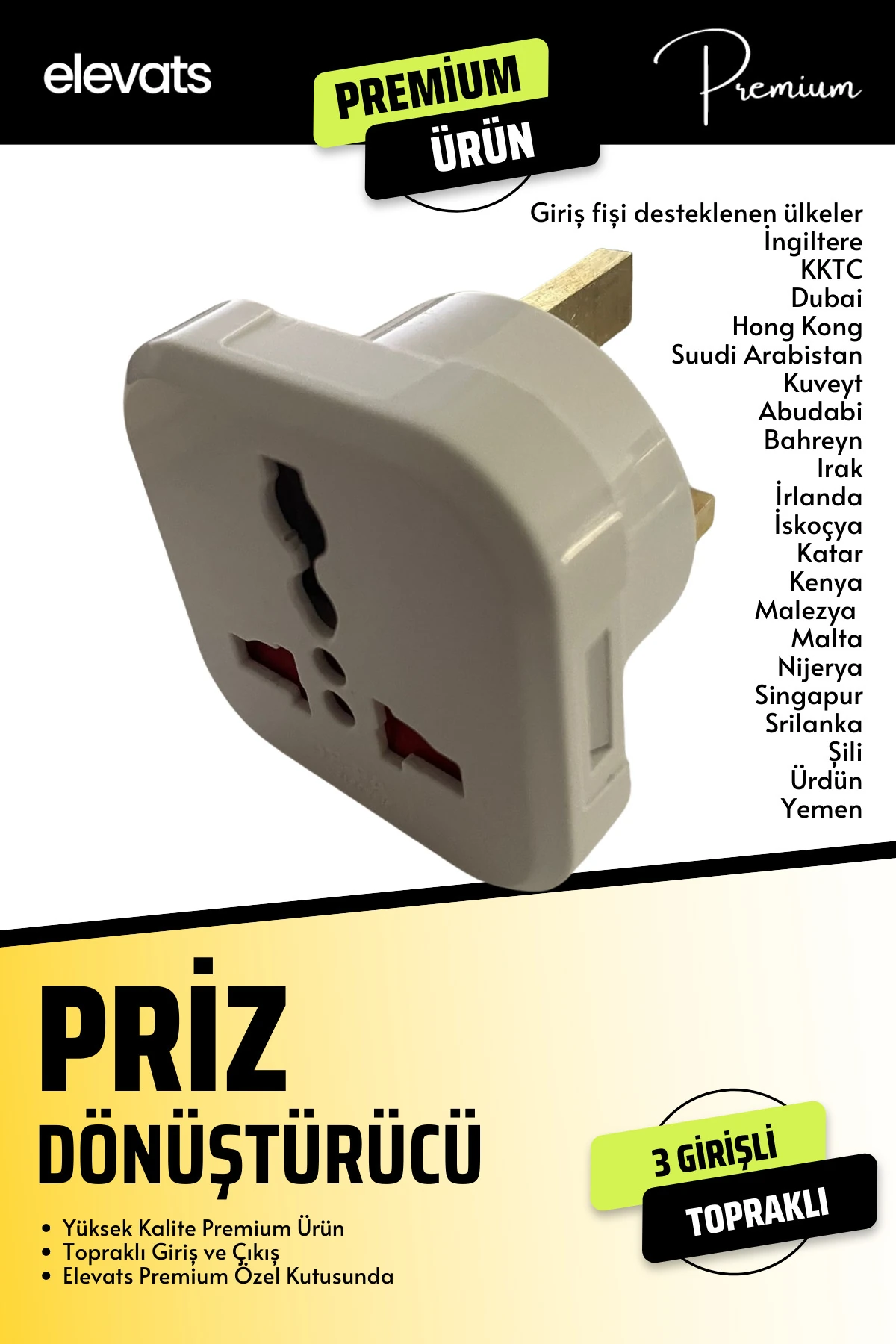 Premium İngiliz Erkek Fişli Seyahat Adaptörü Arabistan Umre Hac Fişi Çevirici Priz Dönüştürücü