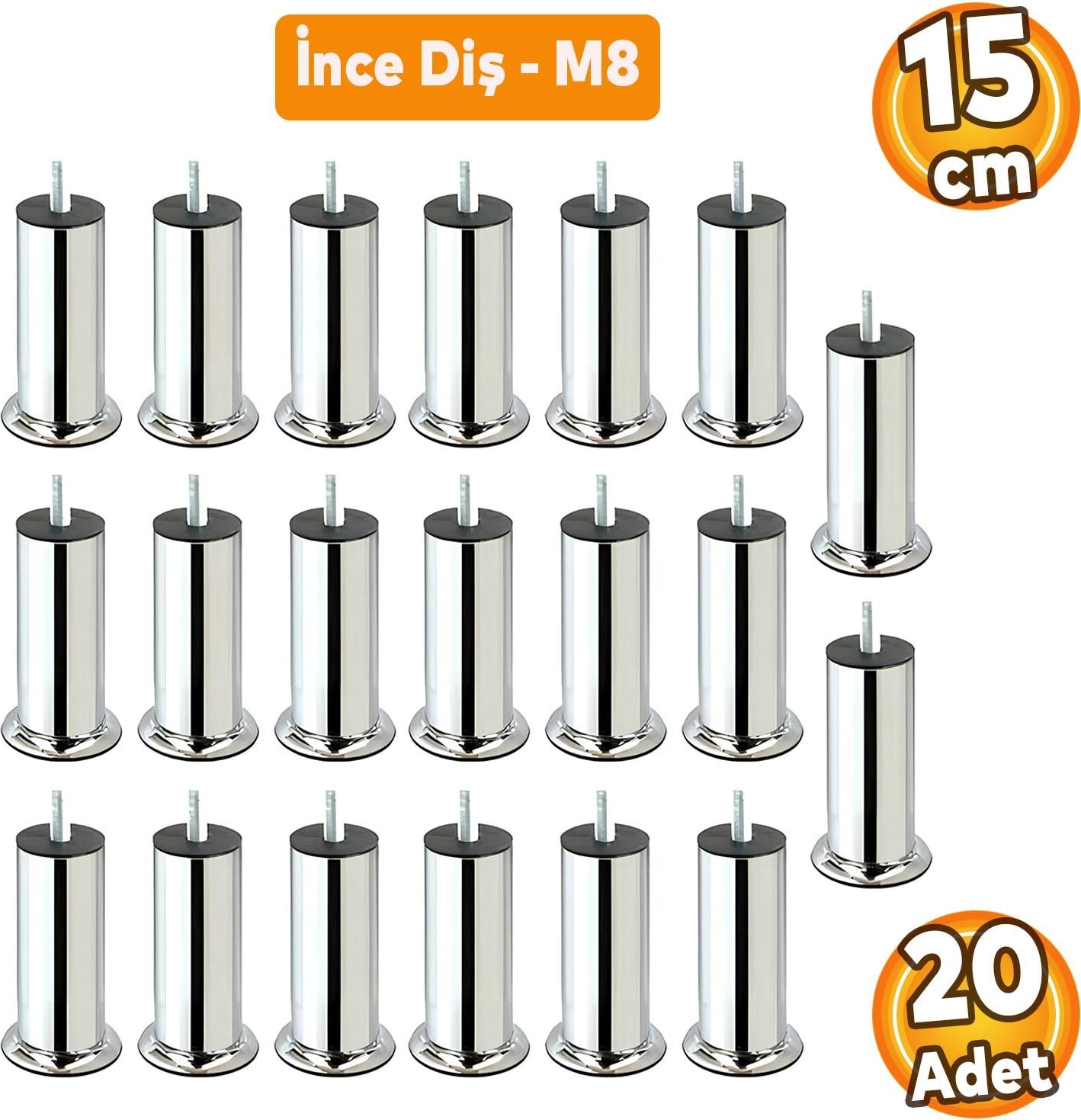 Baza Koltuk Kanepe Mobilya Yatak Çekyat Ayağı Ince Diş M8 Metrik 8 mm Krom Metal Ayakları 15 cm 20 Adet