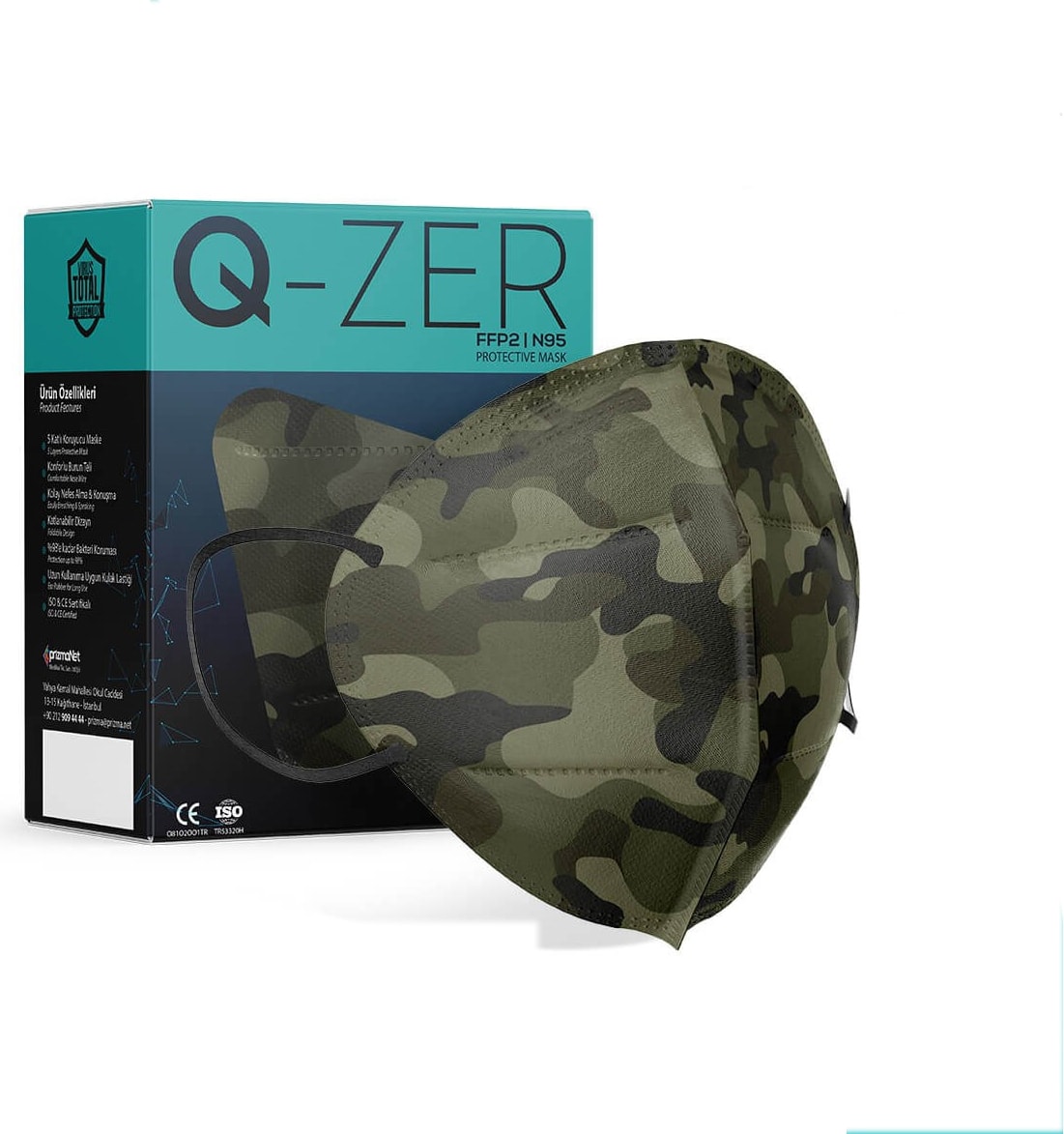 Qzer Yeşil Kamuflaj Desenli Ffp2 N95 Maske