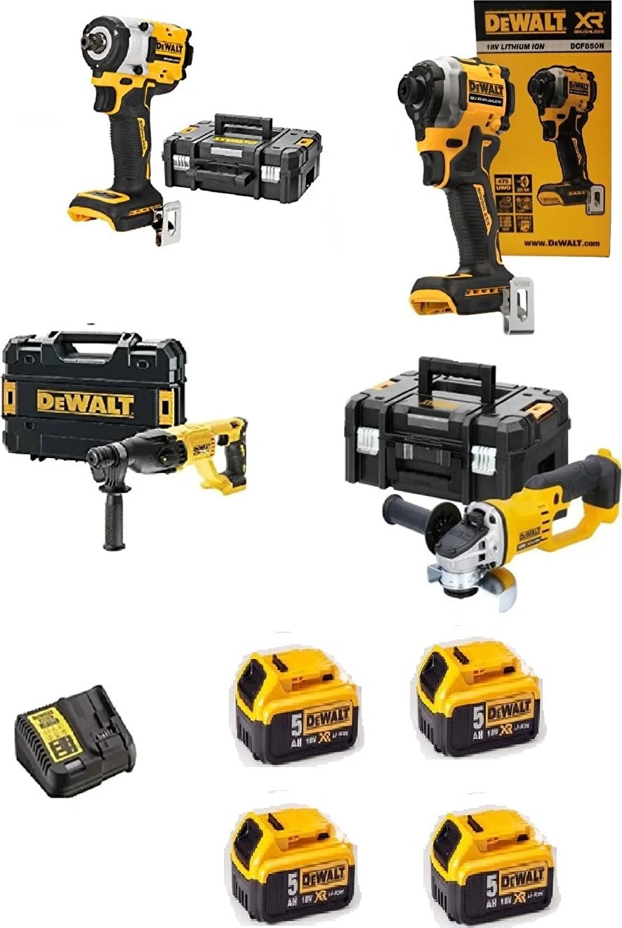 DEWALT DCH133NT ( 2.6 J ) + DCF850NT ( 206 Nm ) + DCG412NT ( 125 mm ) + DCF922NT ( 400 Nm ) + 4x 5 Ah +1 Adet Dolum Cihazı