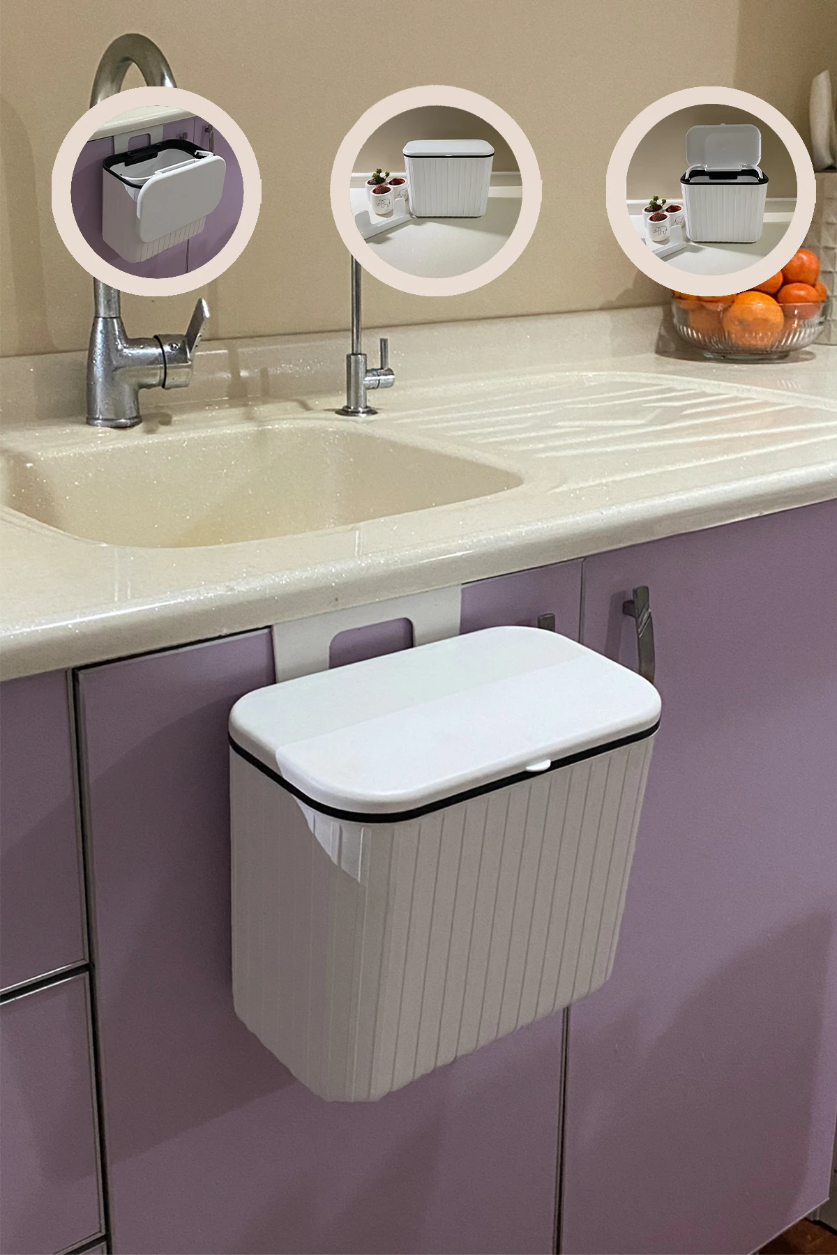 Vailo Beyaz Çizgili 8 Lt Mutfak Tezgah Üstü Ve Dolap Askılı Çöp Kovası