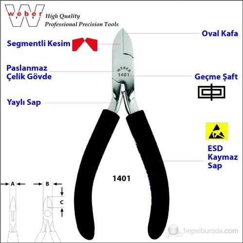 1401 Paslanmaz Çelik Elektronikçi Yan Keski-Yaylı 115 Mm