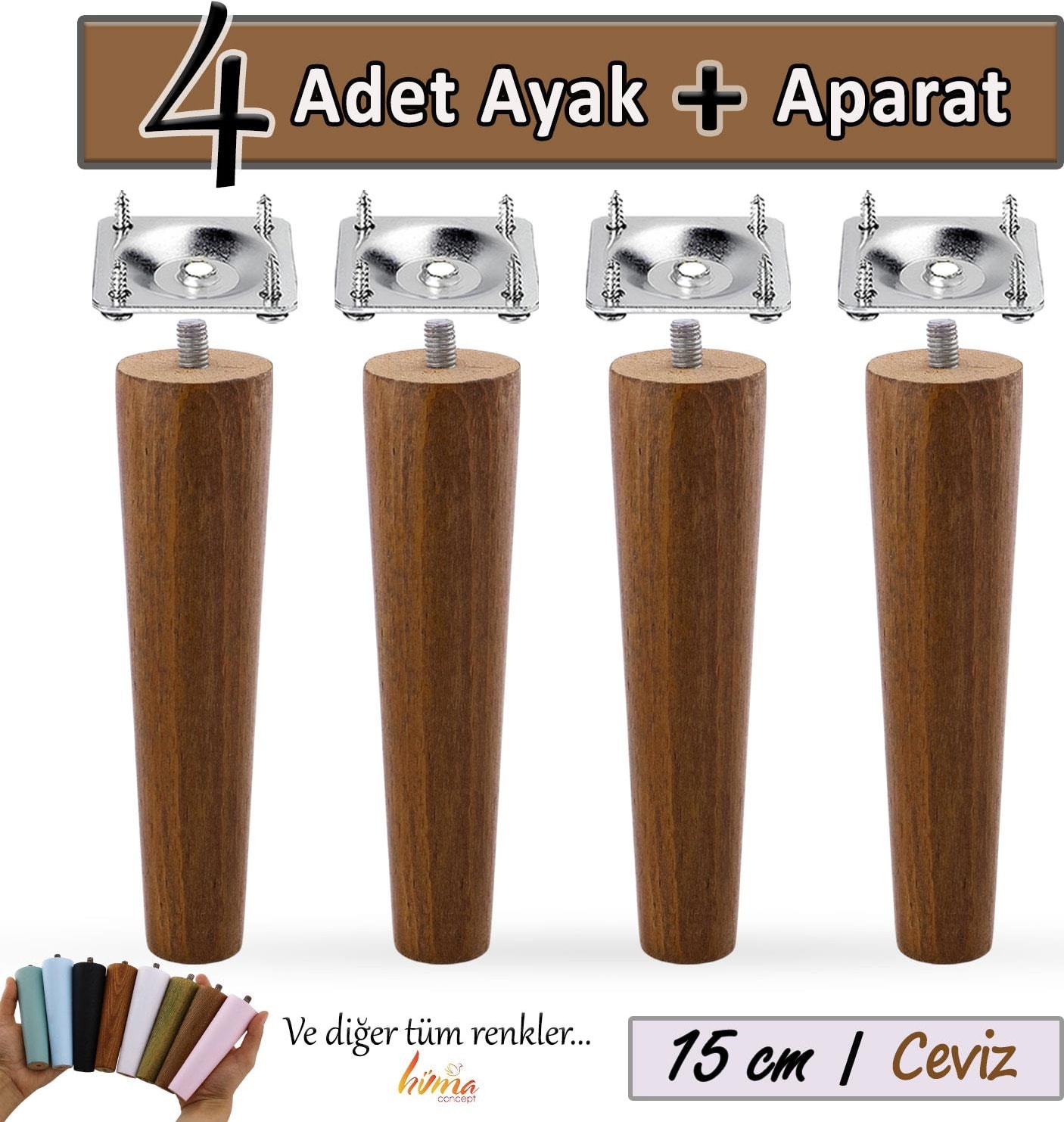 4 Adet Ahşap Ayak 15 cm Ceviz M8 Civatalı Bağlantı Aparatlı Dolap Mobilya Koltuk Kanepe Destek Ayağı Ayakları