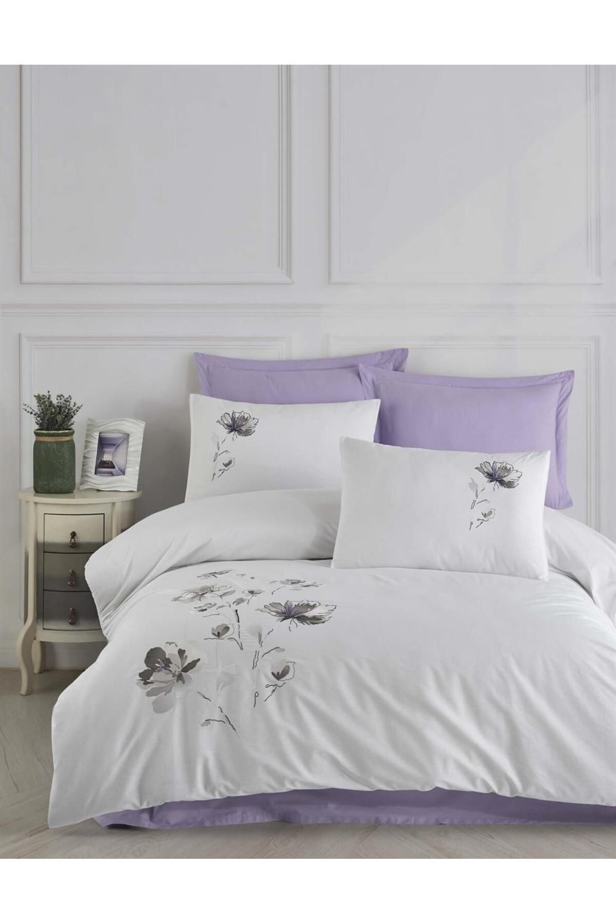 YENİ SEZON Çeyizlik %100Cotton CREAFORCE LİZAY Nakışlı Çift Kişilik Nevresim Takımı 6 Parça "KUTULU"