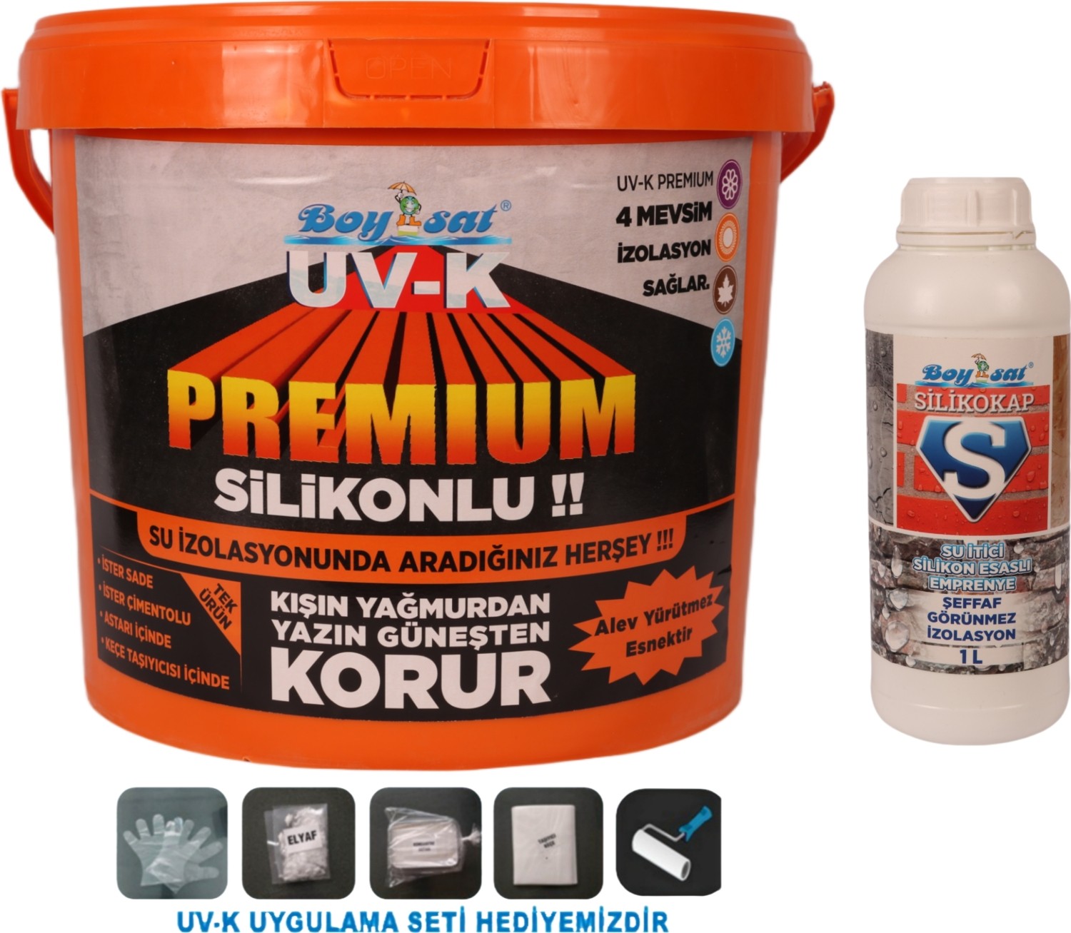 Avantajlı Yalıtım Paketi Uv-K Premium Silikonlu 15KG Yalıtım Boyası ve Silikokap Şeffaf Yalıtım 1lt