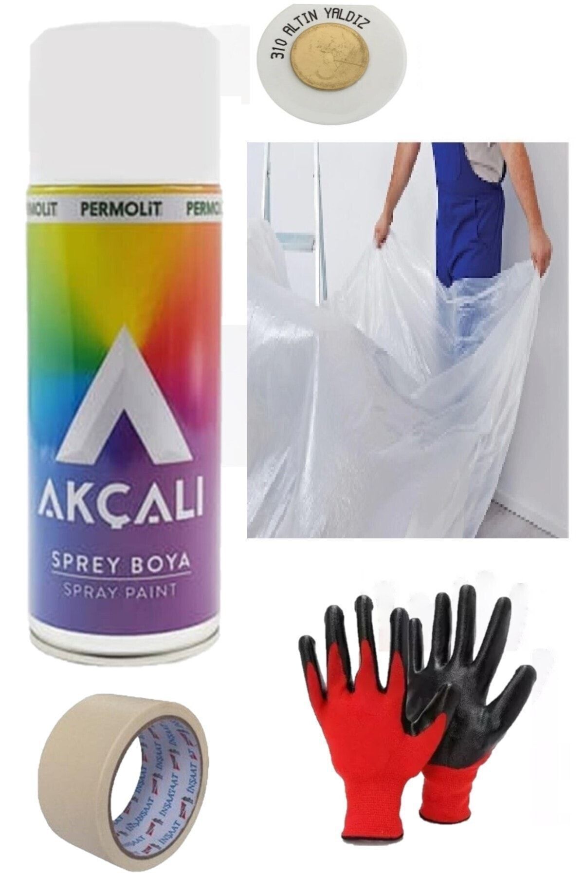 Altın Yaldız Sprey Boya + Koruyucu Örtü + Eldiven + Maskeleme Bantı Set