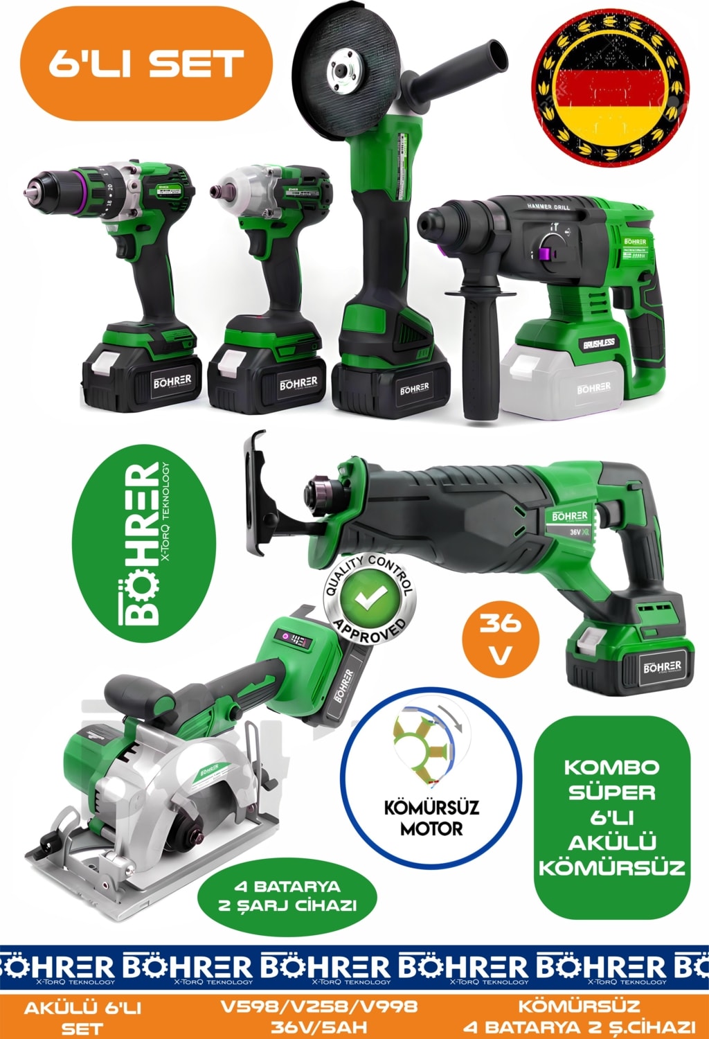 Alman BA01086Y 4 Akülü 2 Şarjlı Kömürsüz V598 5AH Profesyonel 6 Makine Kombo Set - Yeşil Green