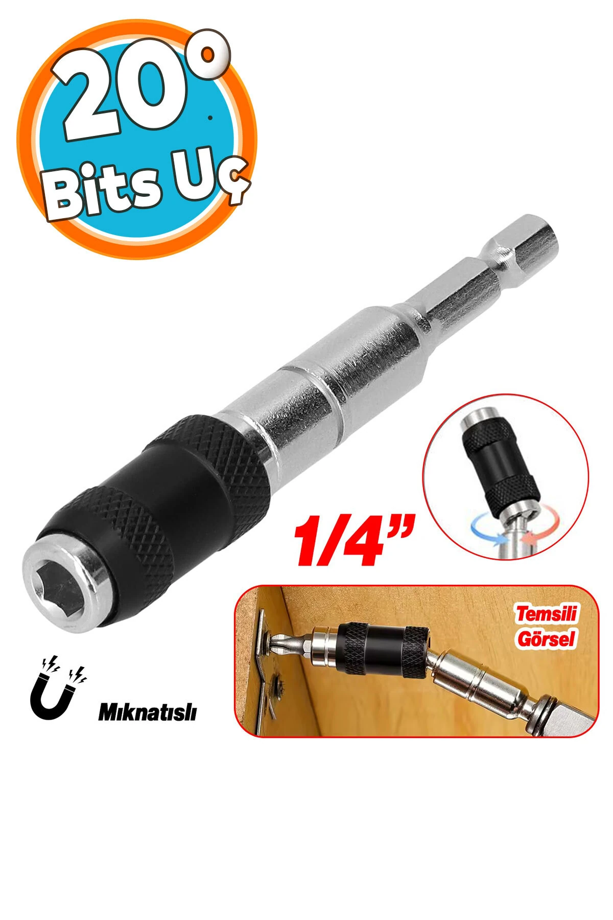 1 Adet Açılı Oynar Başlıklı Bits Uç 1/4" 90 mm Manyetik Mıknatıslı Matkap Uyumlu 20° Lokma Ucu