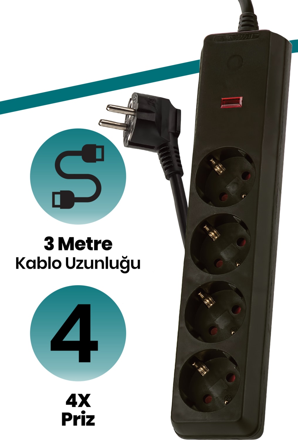 Sp-404 3 Metre 4 Yollu Akım Korumalı Priz