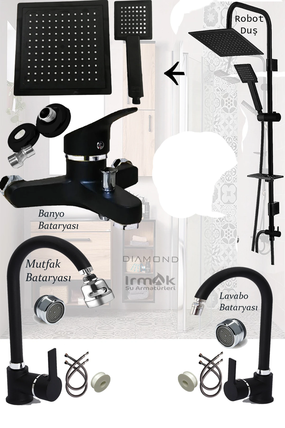 Robot Tepe Duş Seti Mutfak Banyo Lavabo Bataryası Set Siyah Beyaz Krom Gold