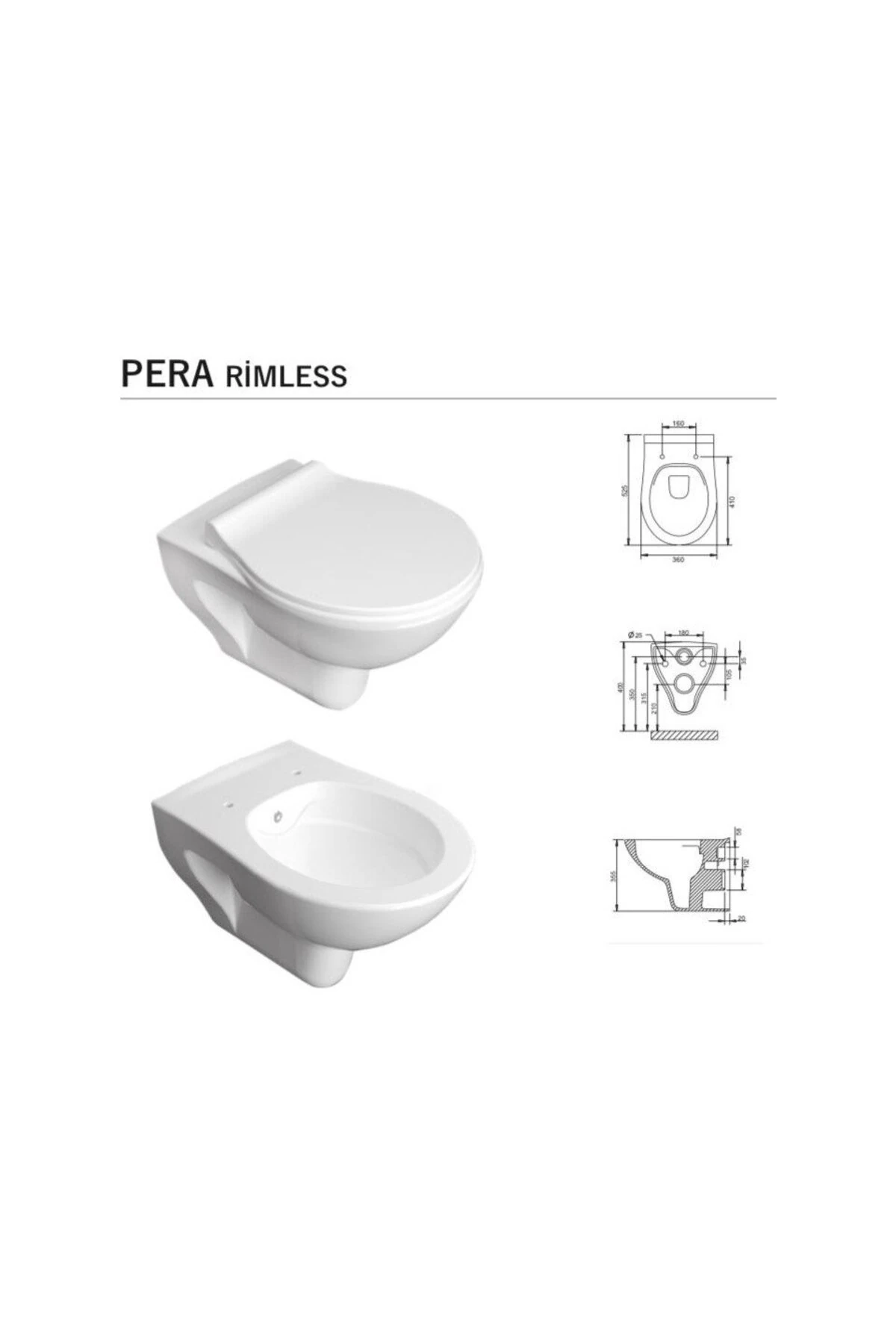 Pera Beyaz Kanalsız Kanalsız Asma Klozet PR3510, Nkp İpek Yavaş Kapak