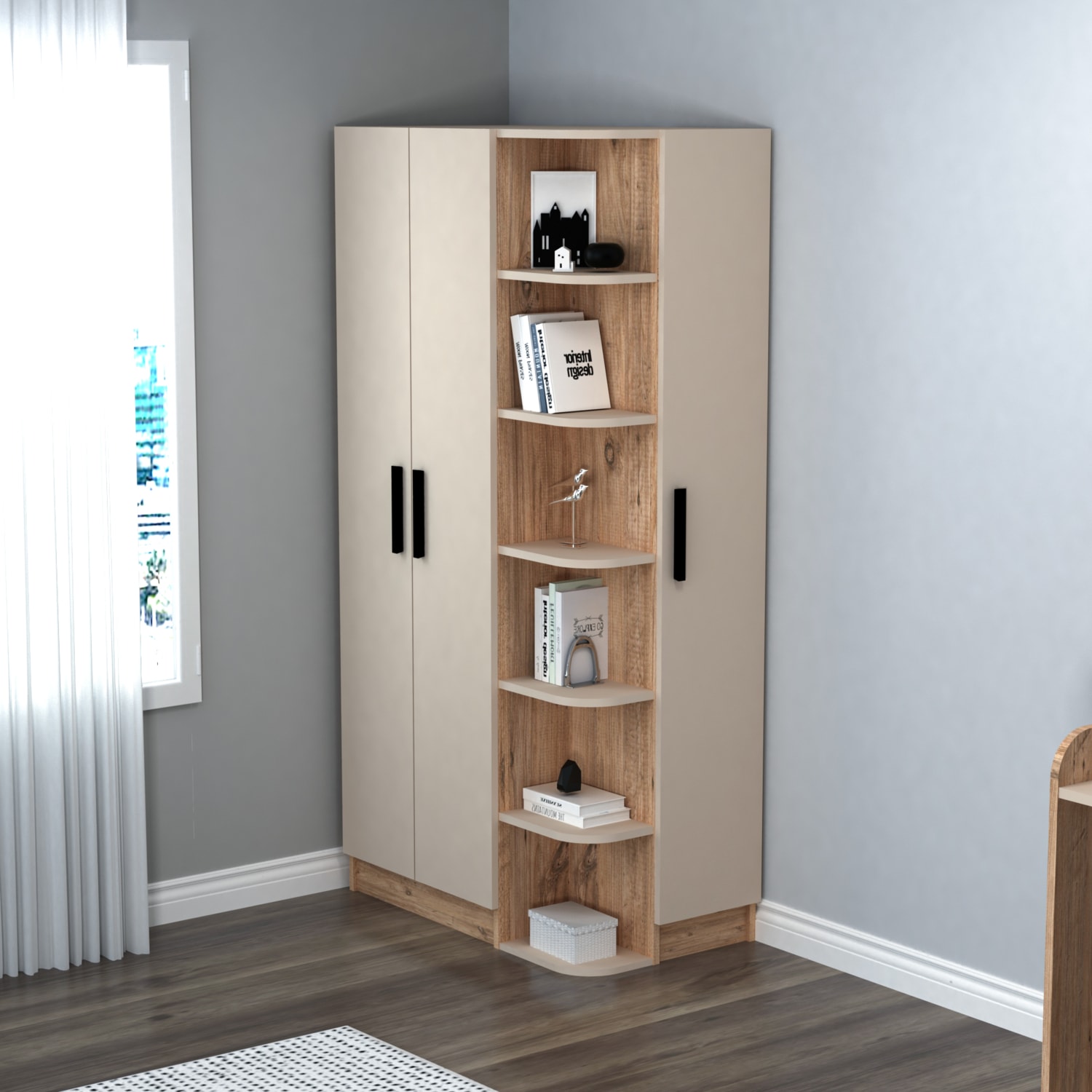 Luses 3 Kapaklı Raflı Genç Odası Gardırop, Atlantik Çam Bej - Luses