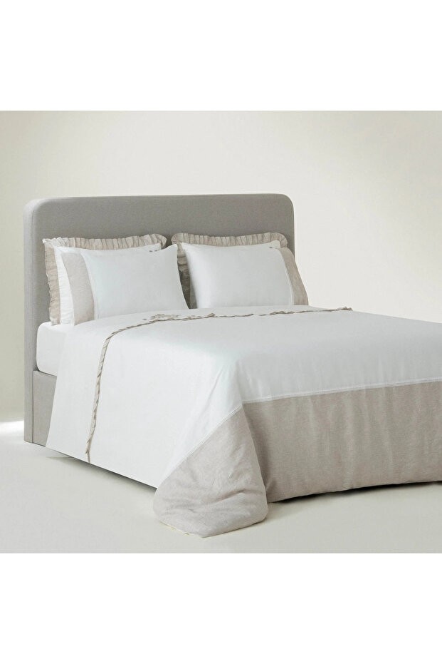 Ayliz Çift Kişilik Nevresim Takımı %100 Organik Pamuk Saten El Nakışlı Krem 200x220 Cm