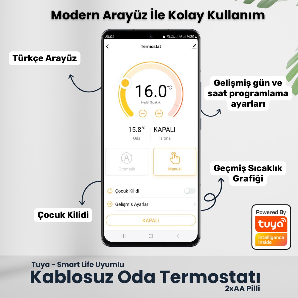 Wifi Kablosuz Akıllı Oda Termostatı T9W ( Tuya - Smart Life Uyumlu)