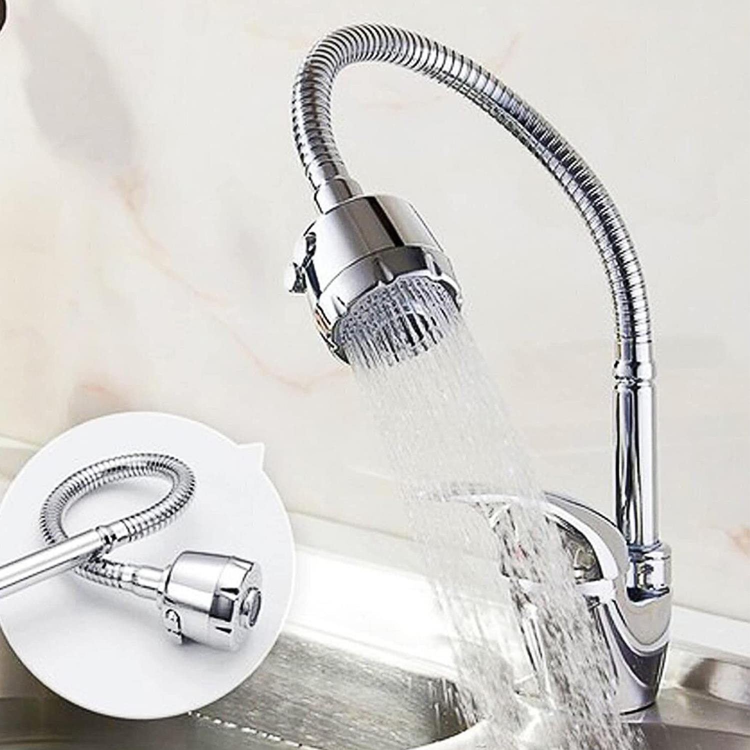 Mutfak Banyo Musluk Batarya Kuğu Evye Borusu Spiral Hortumlu Krom Renk 2 Kademeli Su Kubar Ayarlı Başlık