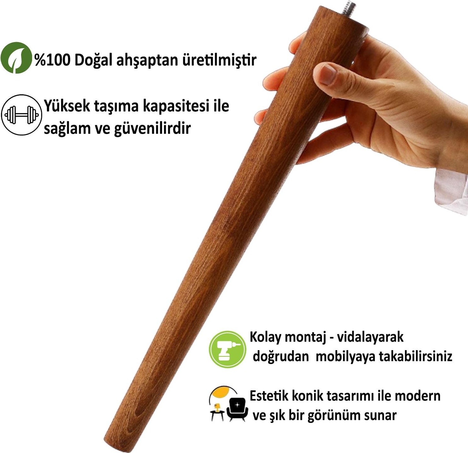 Ahşap Ayak 40 cm Koyu Meşe M8 Civatalı Bağlantı Aparatlı Mobilya Tabure Sehpa Masa Destek Ayağı