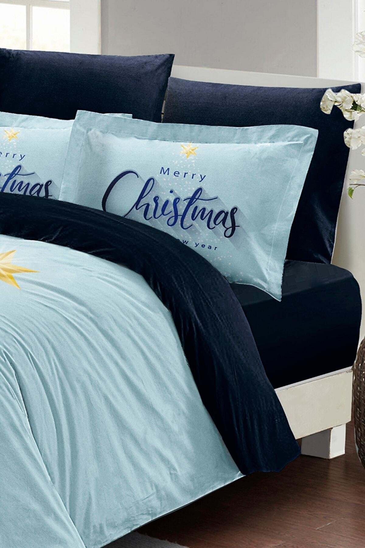 Kıng Sıze Yılbaşı Süsü Blue Star Noel %100 Pamuk Saten 3d Çift Kişilik Nevresim Takımı 220x240cm