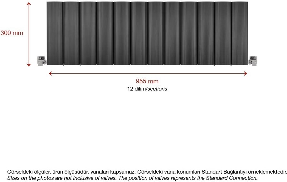 300 x 1195 MM Amber Yatay Antrasit Alüminyum Radyatör Standart Bağlantı