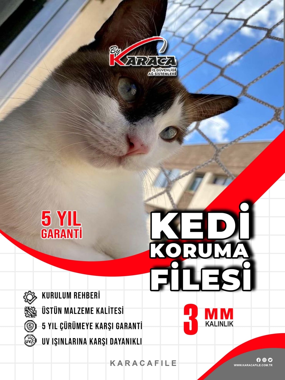 Kedi Balkon Güvenlik Filesi – 1.5 M Yükseklik | Metreyle Kesim | 3 mm Ip, 4x4 cm Göz Aralığı + Montaj Aparatları (Beyaz)