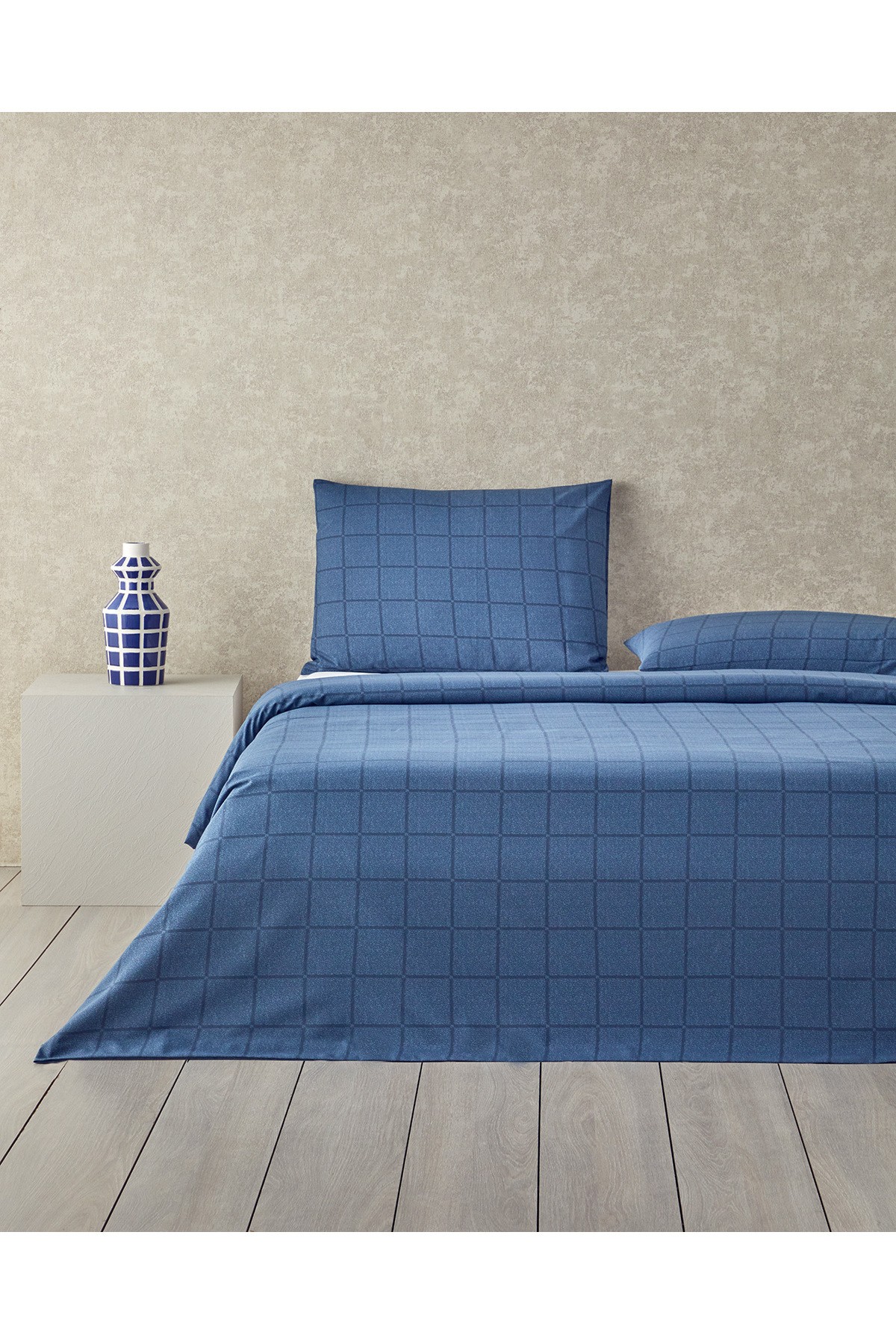 Textured Check Kolay Ütülenir Çift Kişilik Nevresim Seti 200x220 cm Lacivert