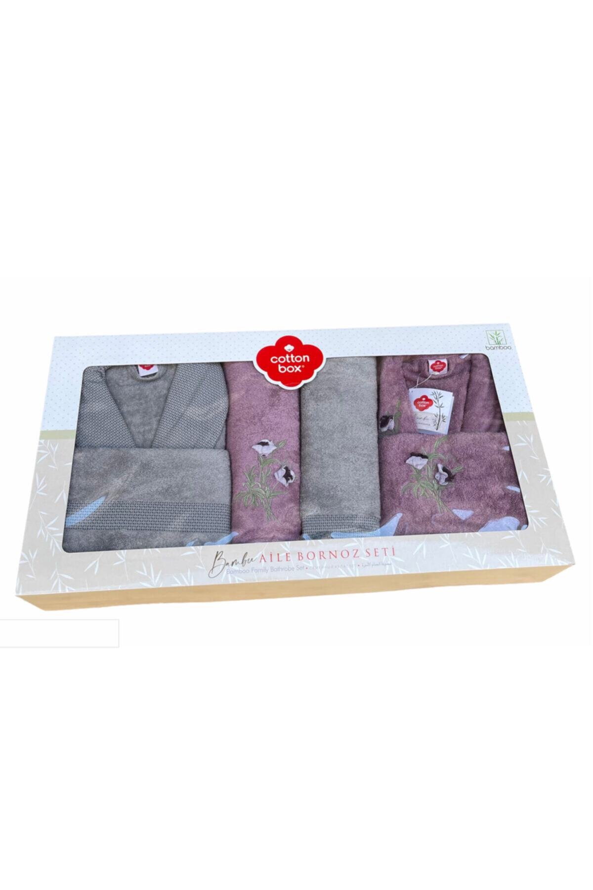 Bambu 6 Parça Aile Bornoz Seti Nakışlı Violet Mürdüm Gri