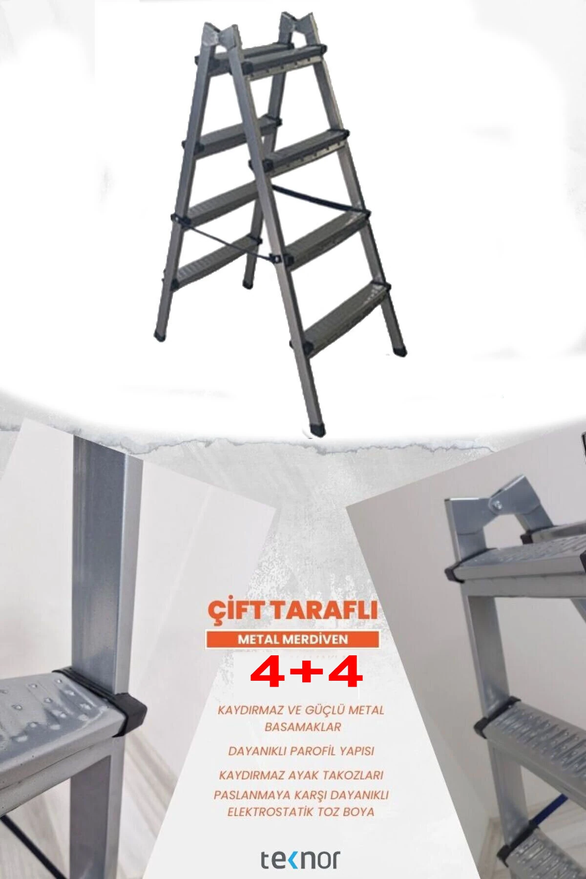 Çift Taraflı Dayanıklı 4+4 Metal Basamaklı Merdiven